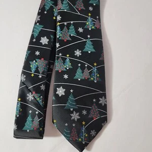 Hallmark Holiday Traditions Men's Black Christmas TIE Christmas Trees Snowflakes - Picture 1 of 6