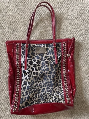 NUEVO Bolso de Mano Bebe Grande Rojo Fx Charol Texturizado Borde de Leopardo Cadena Hombro Foto 1 de 3