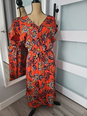 Lands End 连衣裙女式 10 码-中号橙色花卉 Midi 针 V 领  — 第 1/4 张图片