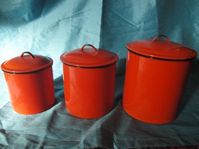 Juego de 3 tapas de almacenamiento de contenedores de cocina esmaltados naranja vintage años 40 Foto 1 de 4