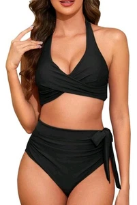 Women's High Waist Bikini Set Halter Bow Tie Tummy Control High Leg 2XL - Picture 1 of 5