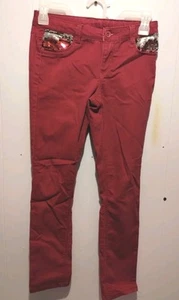 Girls Denim Knit Jeans Size 10/12 Sequin Flipsy On Pockets Stretch RED Mid Rise. - Picture 1 of 10