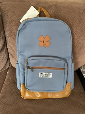 全新 Lucky Brand 皮革背包 洗蓝色棕褐色 好财富标志 12x18x5.5 — 第 1/4 张图片
