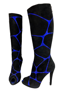 37 Renee Caovilla Suede Crystal Strauss Platform Peep Toe Knee Boots