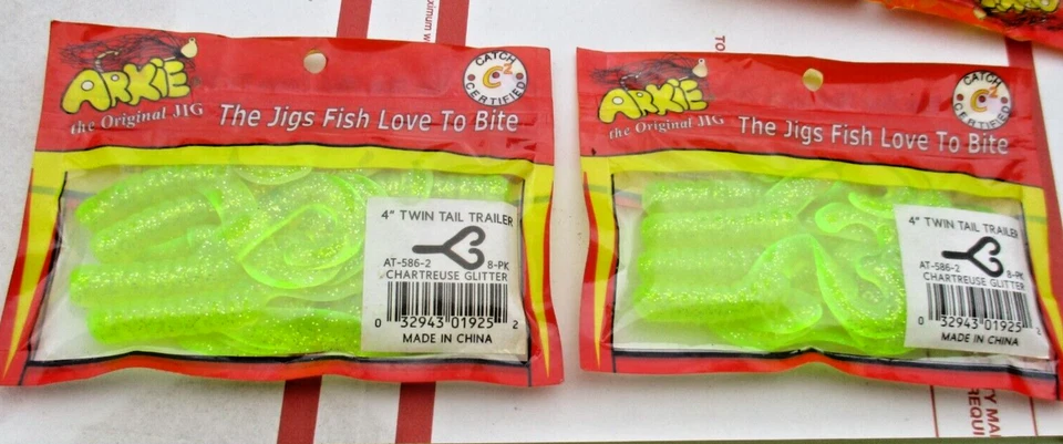 Arkie 4" Twin Tail Trailers Chartreuse Glitter Fishing Bait Lures 8pk 16 Bags