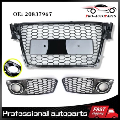 Fit 09-12 Audi A4/S4 B8 8T Honeycomb Sport Mesh Grille Grill & Fog light Cover - Image 1 of 4