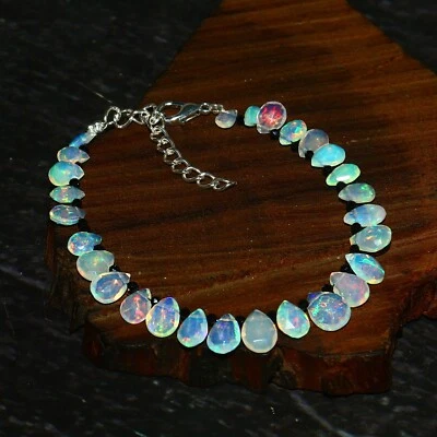 Natural Ethiopian Opal Faceted Almonds Teardrop Black Spinel 925 Silver Bracelet - Image 1 of 3