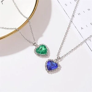 Blue Green Zircon Heart Stone Pendant Necklace Chain Women Girls Jewellery Gift - Picture 1 of 5