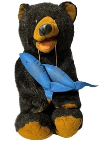 Folkmanis pupazzo orso marrone con pesce blu su corda RARO! 26" - Foto 1 di 2