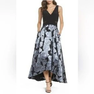 XSCAPE Black Blue Gray Floral Jacquard High Low Sheer Cut-Out Gown Dress 4 US 🤍 - Picture 1 of 12
