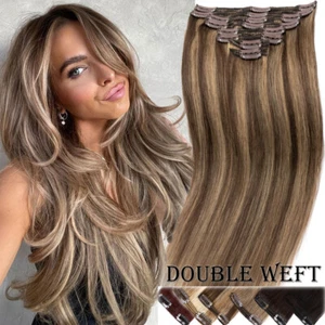 Clip de doble trama grueso en extensiones de cabello humano Remy real cabeza completa 12-24 pulgadas EE. UU. - Imagen 1 de 81
