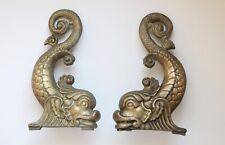 Antique Bradley Hubbard Style Solid Brass Submariner Mythical Dolphin Andirons 
