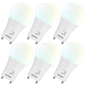 Luxrite A19 GU24 LED Bulb, 5CCT, Dimmable, 800 Lumens, 9W, Damp Rated 6 Pack - Picture 1 of 7
