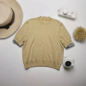 St. John Basic  Gold Shimmer Luxe Sweater Top W Short Sleeve & High Neck Sz L - Picture 1 of 5