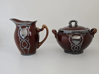 Antigua crema y azucarero Lenox Mauser esmalte marrón y superposición de plata de ley Foto 1 de 4