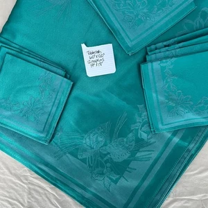 Vtg Emerald Green Damask Tablecloth 60x120 + 12 Green Napkins Floral Jacquard - Picture 1 of 7