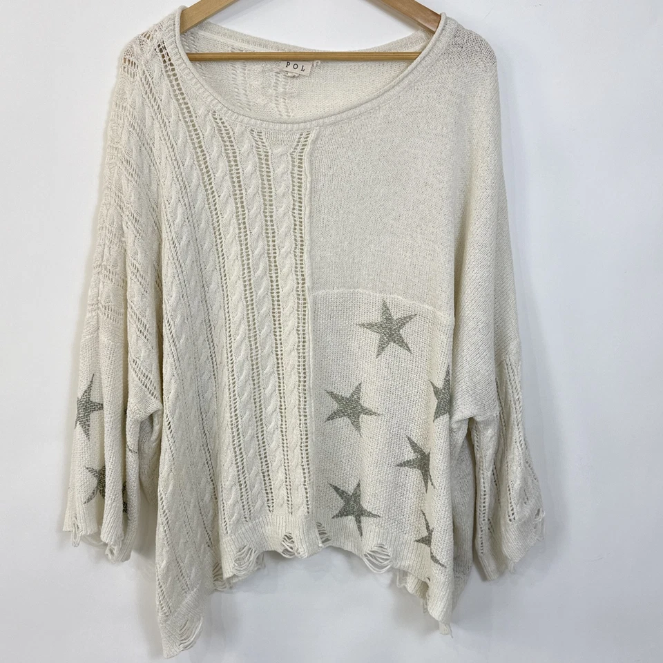 POL Boho Oversized Slouchy Pullover Sweater Size M Cream Stars Cable Knit - Image 1 of 4