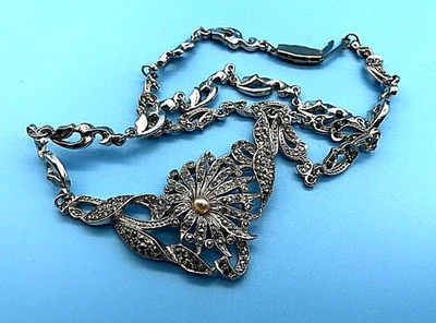 Collar Vintage Plata Metal Marcasita Perla Filigrana Colgante Foto 1 de 4