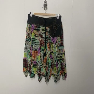 Alberto Makali Vintage Denim Mix Media Women's Boho Art Skirt Size 6. - Image 1 of 4