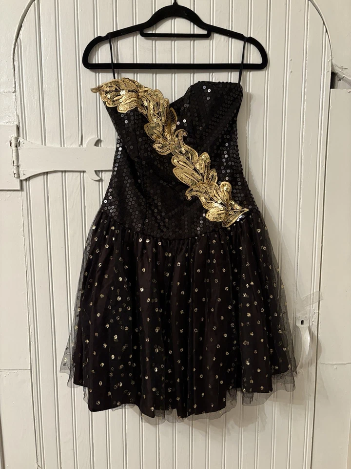 Vestido De Colección 1991 Alfred Angelo Affirmations Negro Dorado Lentejuelas Tul XS/S EE. UU. Foto 1 de 4