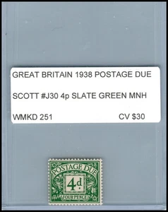 GREAT BRITAIN 1954 POSTAGE DUE SCOTT J30 4p GREEN MNH WMKD 251 CV $30 - Picture 1 of 2