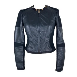 versace black y2k leather jersey panel motorcycle biker jacket - Picture 1 of 5