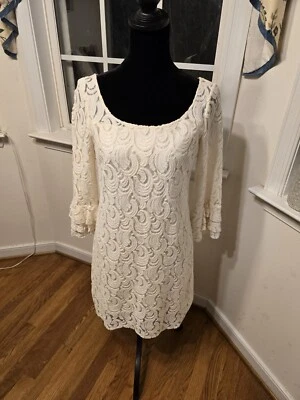 Muse Size 6 Long Sleeve Lace Overlay Dress Beige Womens Ruffled Sleeves Pretty - Image 1 of 4