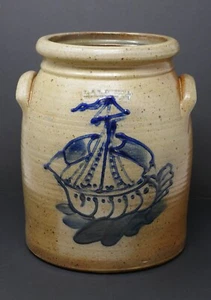 R & B Diebboll Beige Hand Painted Ship at Sea Stoneware Crock Jar NO LID - Picture 1 of 16
