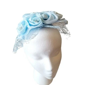 Vintage Ladies Skull Cap Hat Blue Satin Rossettes with Pearl Accents - Picture 1 of 4
