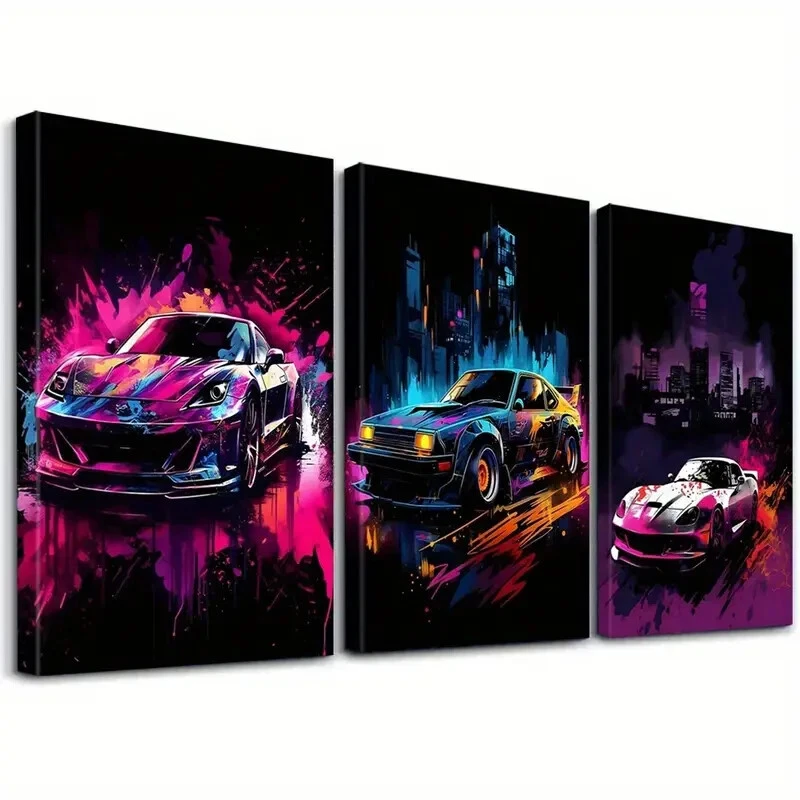 3pcs Neon Decorative Graffiti Style Sports cars Wall Art  Canvas Unframed/Framed - image 1 of 4