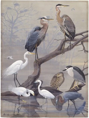 Mosaic Ceramic Panel of Great Grey Heron Wall Art Bird Mural Backsplash Tiles - Image 1 of 4