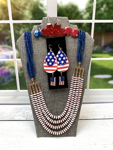 Patriotic Jewelry Set | 4th of July | Necklace and 5 Sets of Earrings | America - Picture 1 of 3