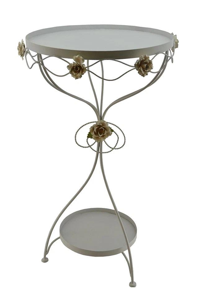 Mesa de servir redonda fina blanca crema rosas con estante Foto 1 de 1