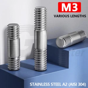 M3 Double End Threaded Bolts Screw Dual Thread Stud Axle Rod A2 Stainless Steel - Picture 1 of 38