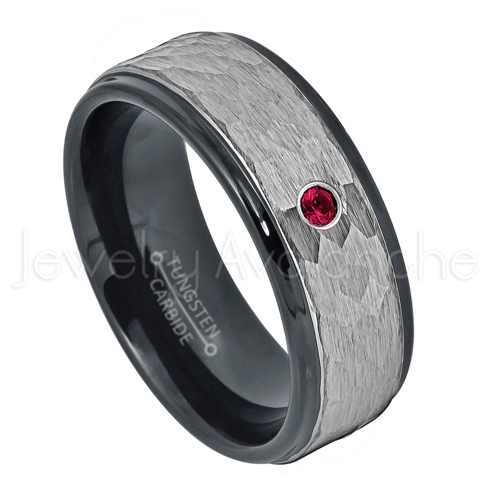 Anillo de tungsteno martillado de 2 tonos, anillo de rubí de 0,07 quilates, anillo de piedra de nacimiento de julio #708 Foto 1 de 1