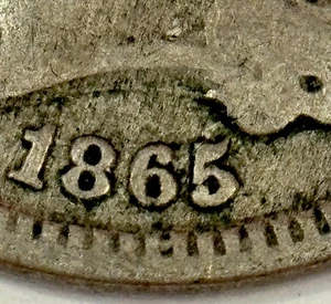 1865 Three Cent Piece 3c Nickel . Misplaced Date (denticles)Variety Fs-303 - Picture 1 of 3