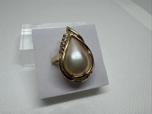 Vintage 14K Gelbgold Ring Größe 7,25 Mabe Perle und 5 Diamanten Träne 5,84 g - Bild 1 von 18