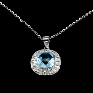 Collana In Argento Sterling 925 Cushionsky Topazio Blu Gemma Cz 8Mm Gioielli 18 - Foto 1 di 13