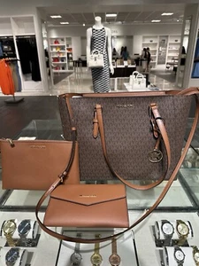 MICHAEL KORS CHARLOTTE SHOULDER HANDBAG BAG CROSSBODY TOTE PURSE + CLUTCH BROWN - Picture 1 of 7