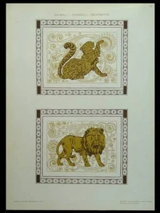 ANIMAUX, LION ET PANTHERE -1910- LITHOGRAPHIE DOREE ART NOUVEAU - Picture 1 of 1