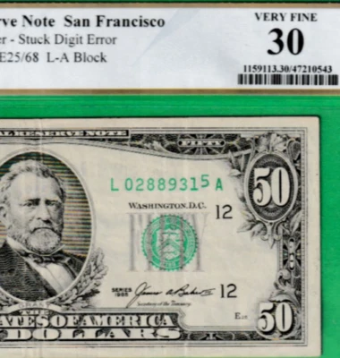 ERROR STUCK DIGIT  $50  1985  Federal Reserve Note GAS PUMP S/N 0288931 "5" PCGS - Image 1 of 3