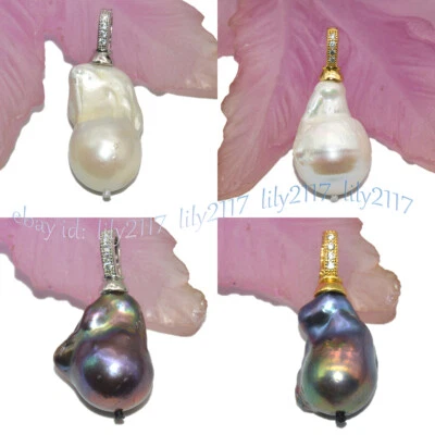 Huge 15x20mm Real Natural White Black Keshi Baroque Pearl Pendant 14KGold Plated - Image 1 of 4
