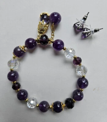 Juego de pulsera y pendientes de amatista ajustable y elástico púrpura natural genuino Foto 1 de 4