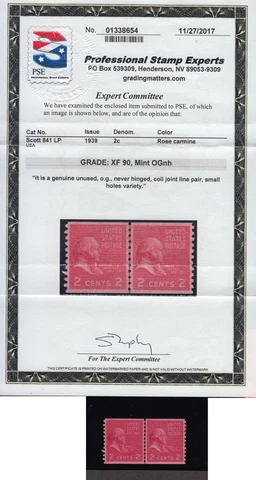 1939 PREXY COIL Sc 841 MNH 2c LP small holes variety PSE certificate XF 90 Cover