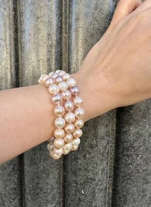 3 Strand Cultured Pearl Bracelet Diamond 14k Gold Clasp Bar Spacers - Picture 1 of 7