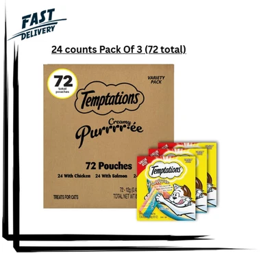 Golosina húmeda pura cremosa para gatos Temptations con pollo, salmón y atún variedad 72ct Foto 1 de 4