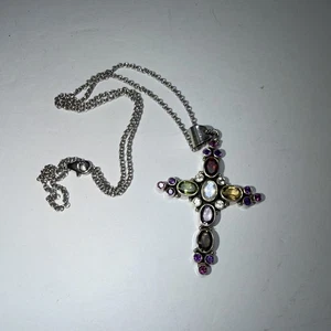 NICKY BUTLER STERLING SILVER MULTI-GEMSTONE CROSS NECKLACE - Picture 1 of 4