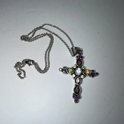 NICKY BUTLER STERLING SILVER MULTI-GEMSTONE CROSS NECKLACE - Image 1 of 4