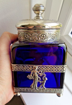 GRAN TARRO AZUL VICTORIANO/HANAU SIGLO XIX MONTADO EN PLATA MACIZA/CADDY DE TÉ Foto 1 de 4