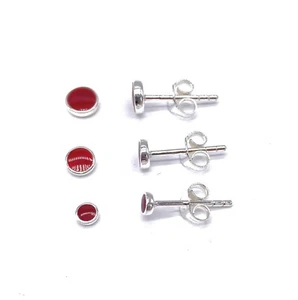 925 Sterling Silver Button Ball Stud Earrings Red Coral - Picture 1 of 1